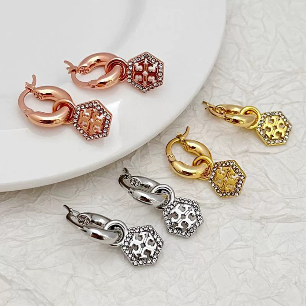 Tory Burch Gold Plated Double Hexagon Openwork Letter Earrings with CZ